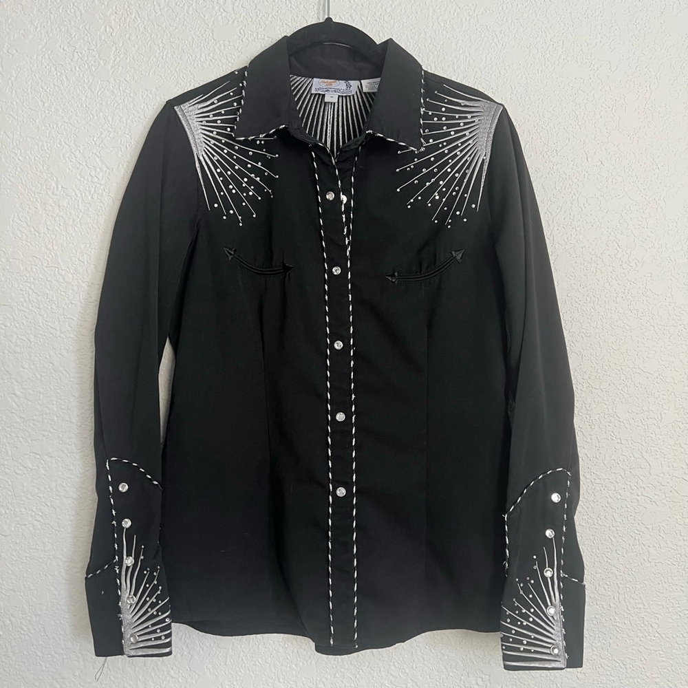 Women’s Western Panhandle Slim Black Silver Embroidered Button Down Shirt M